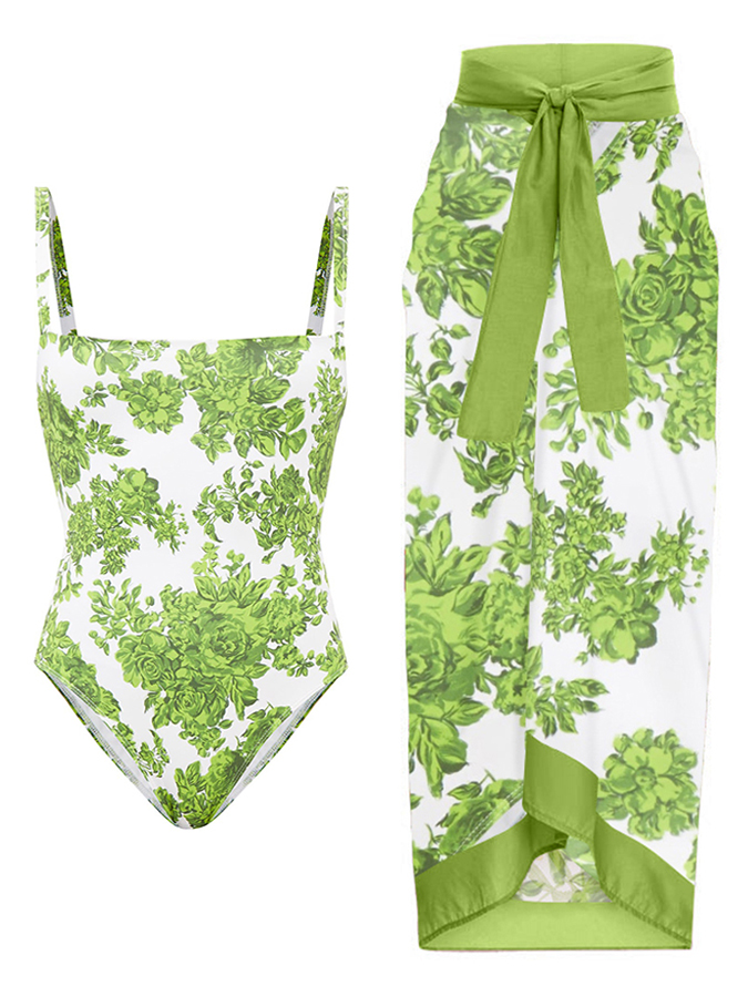 Green Floral Print Fashion One-Piece Swimsuit Set