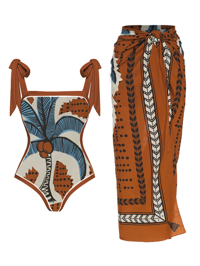 Plant Geometric Print One-Piece Swimsuit And Cover Up