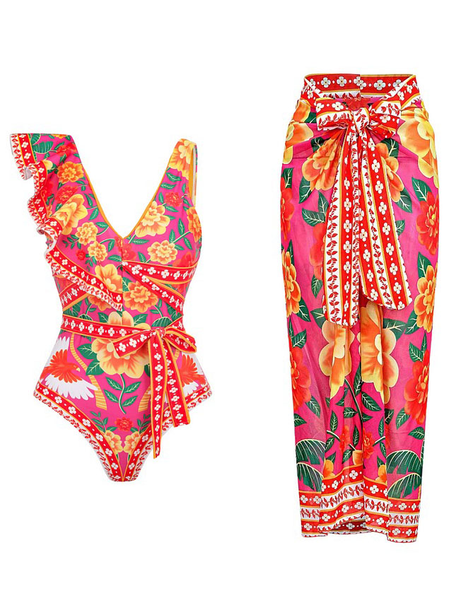 Vintage Ruffled Floral Print Swimsuit