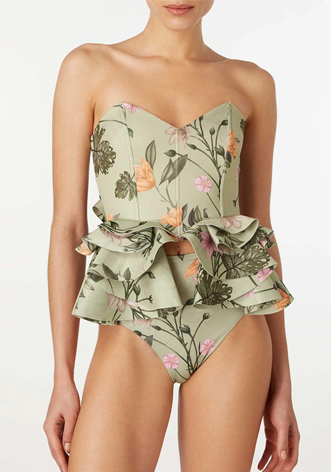 Ruffled Floral Print Split Swimsuit