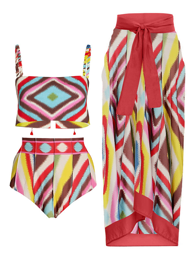 Fashion Colorblock Print Bikini Set And Skirt