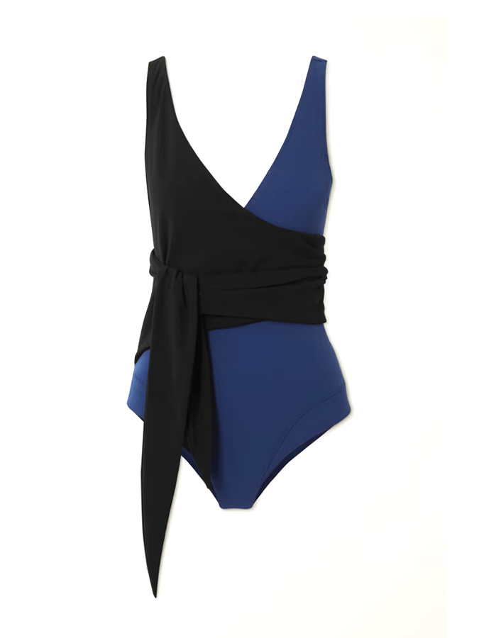 Black Blue Color Block Lace Up One Piece Swimsuit And Cover up