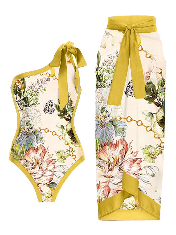 One Shoulder Floral Print One Piece Swimsuit and Skirt