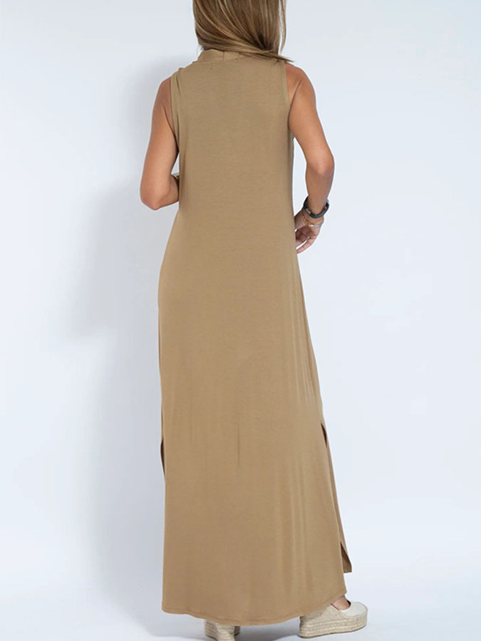Solid V-neck Casual Sleeveless Maxi Dres