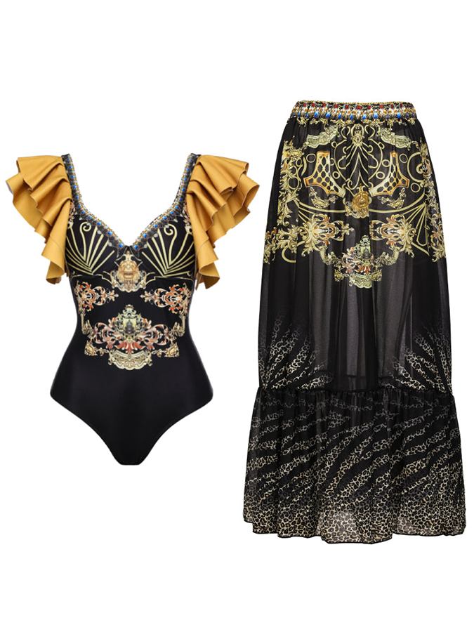 Ruffle Printed One Piece Swimsuit and Cover Up