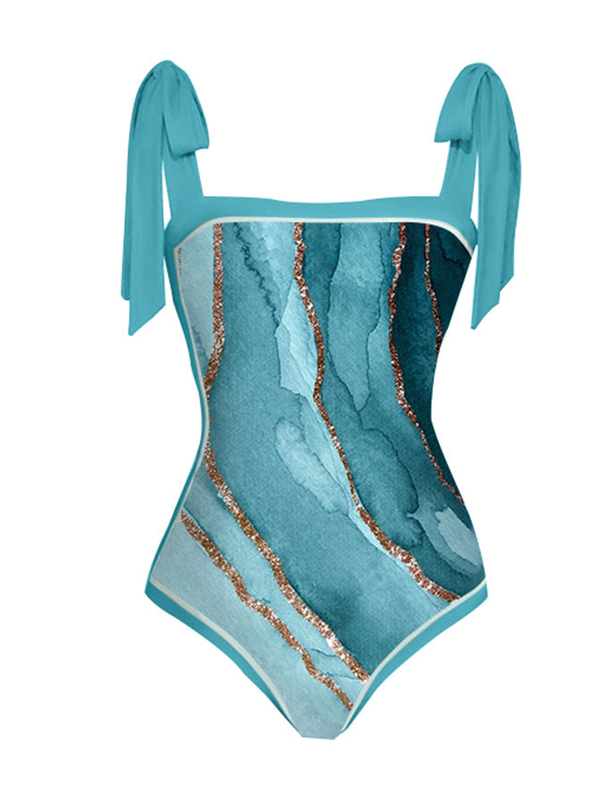 Vintage Fashion Colorblock Print One Piece Swimsuit Set
