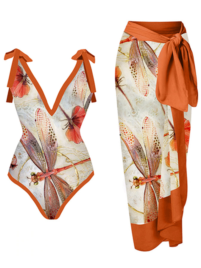 Fashion Print V-Neck One Piece Swimsuit Set