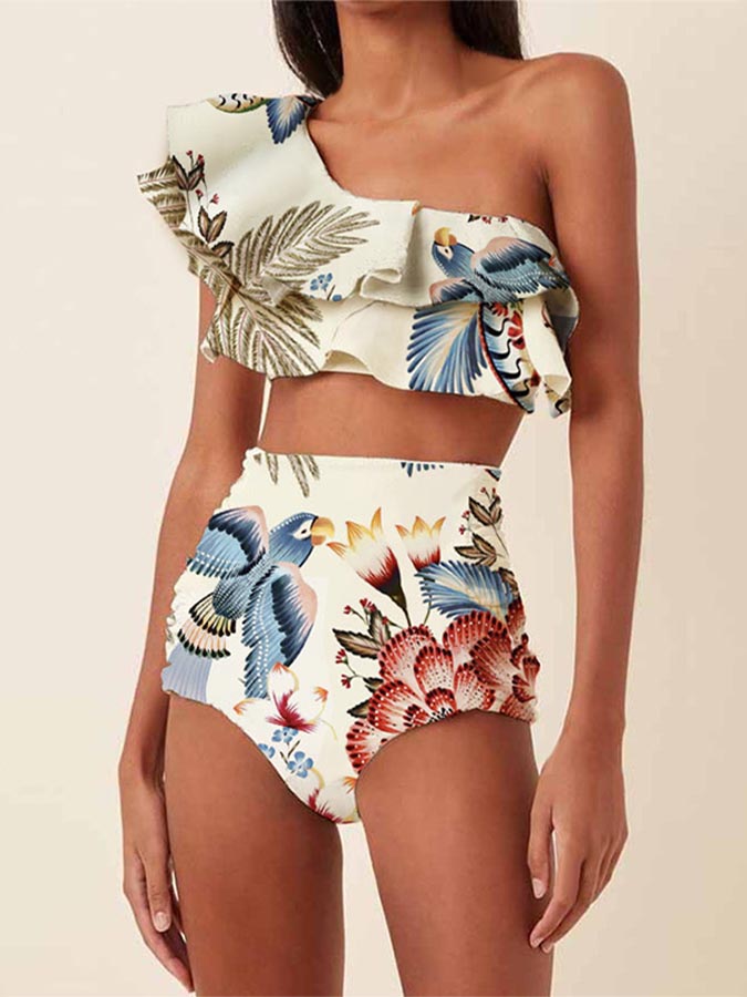Ruffle Printed Bikini Swimsuit and Skirt