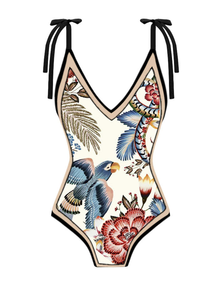 Vintage Colorblock Floral Print One-Piece Swimsuit Set