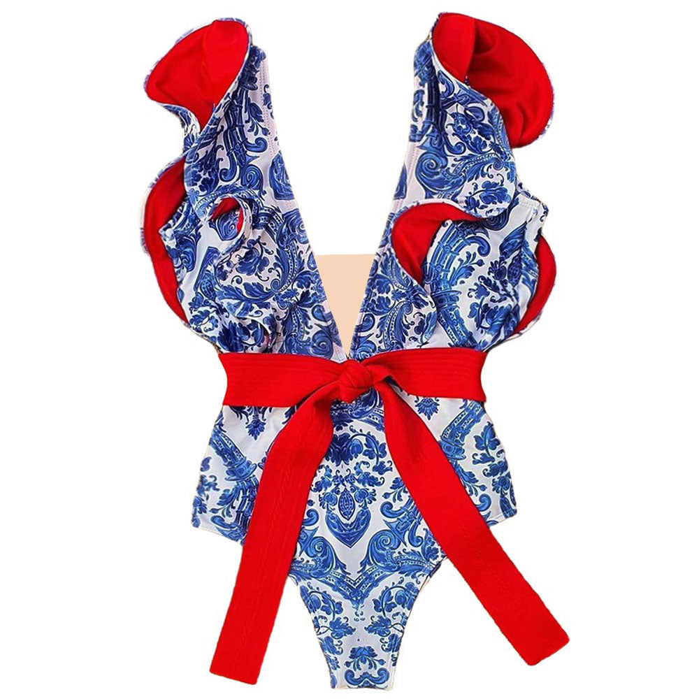 Ruffle Tie-detailed Delft Blue Sexy One Piece Swimsuit