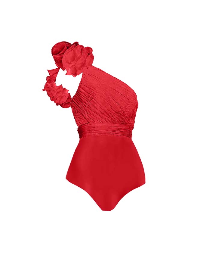 Solid Color One-Shoulder Wood Ear Trim One-Piece Swimsuit