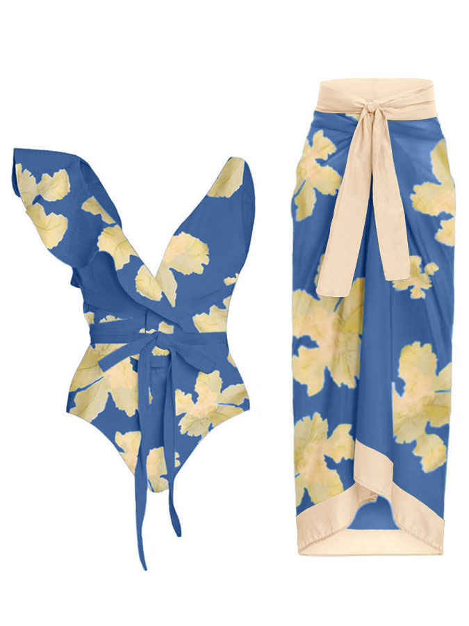 Deep V Ruffled Floral Print Swimsuit Set