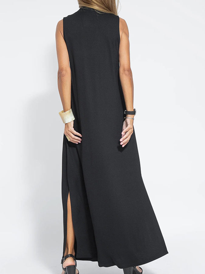 Solid V-neck Casual Sleeveless Maxi Dres