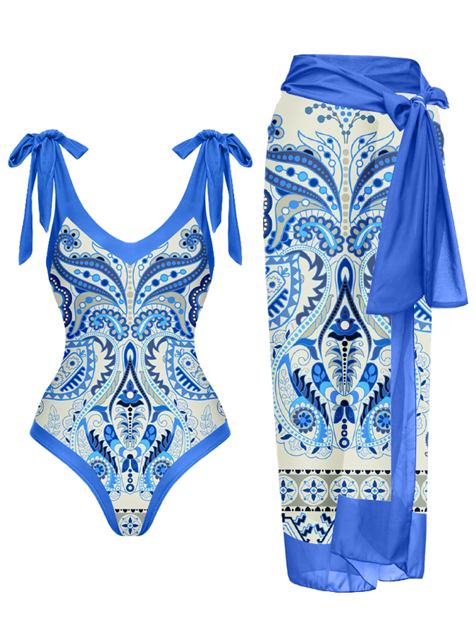 Vintage Print V-Neck One-Piece Swimsuit and Cover-up