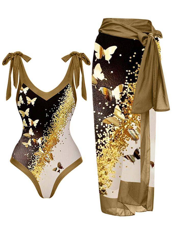 V-Neck Colorblock Butterfly Print One-Piece Swimsuit Set