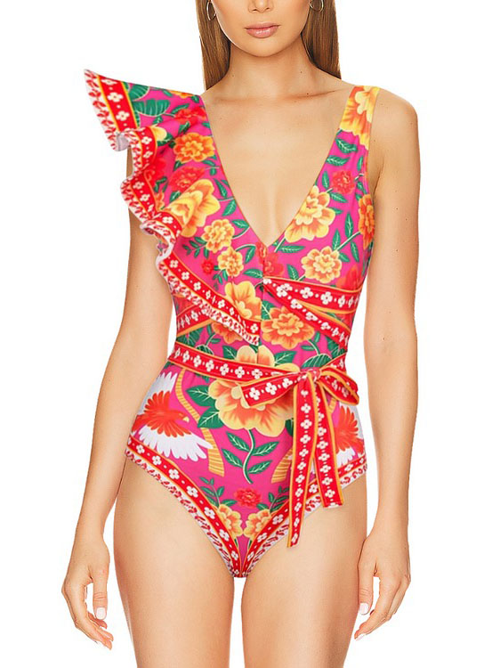 Vintage Ruffled Floral Print Swimsuit