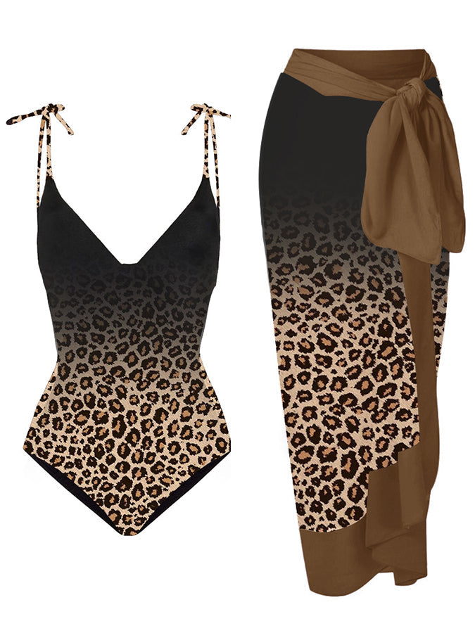 Leopard Gradient Print Swimsuit Set