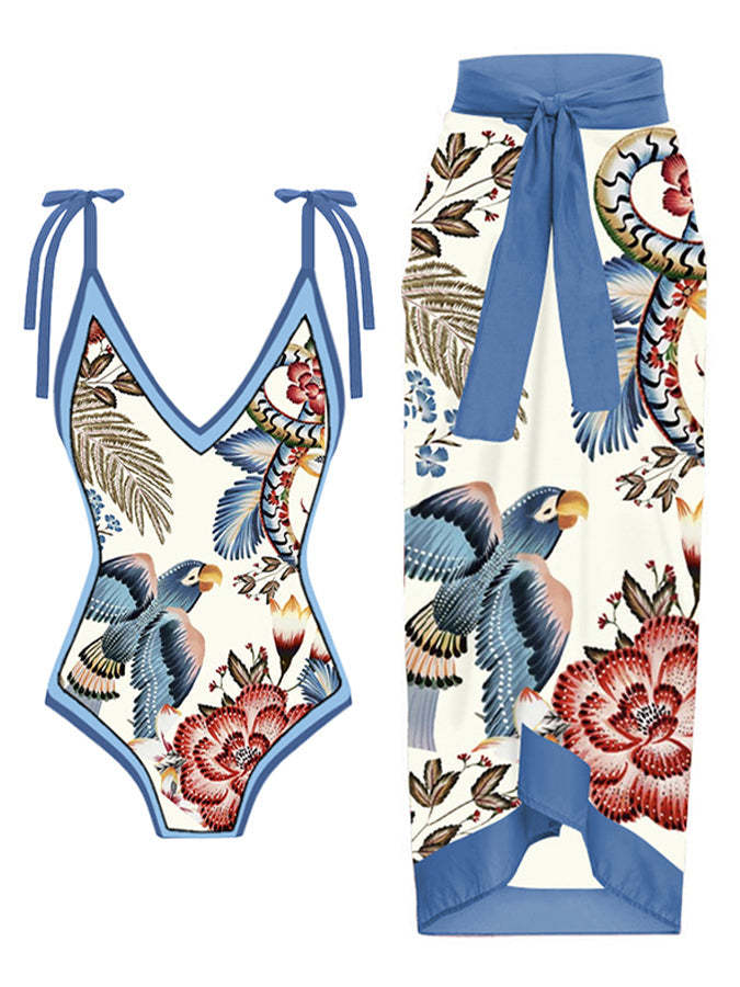 Vintage Colorblock Floral Print One-Piece Swimsuit Set