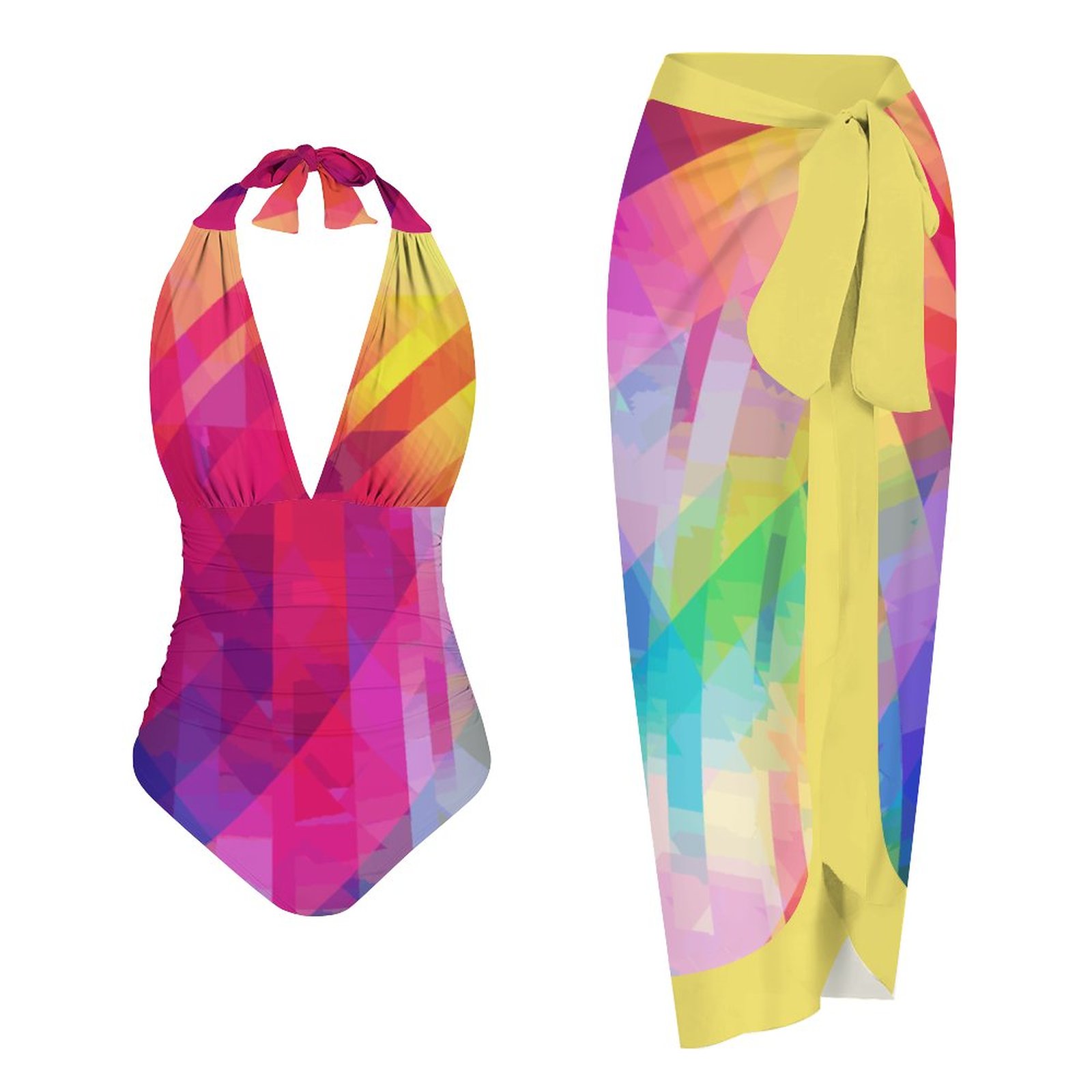 Color-block Printed One Piece Swimsuit And Cover Up
