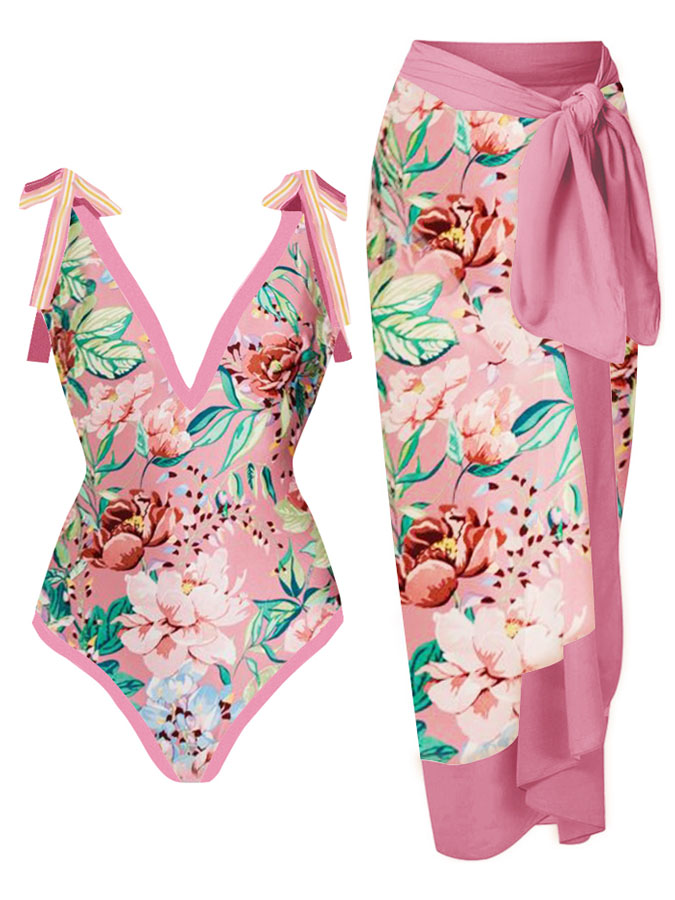 Deep V Floral Print One-Piece Swimsuit Set