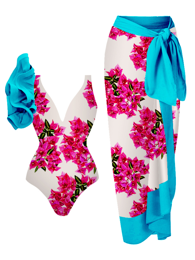 Bougainvillea print one-piece swimsuit and cover-up