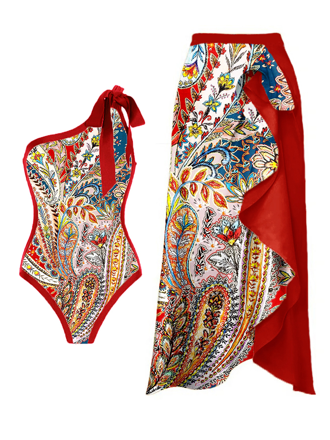 Vintage Print One Piece Swimsuit and Skirt