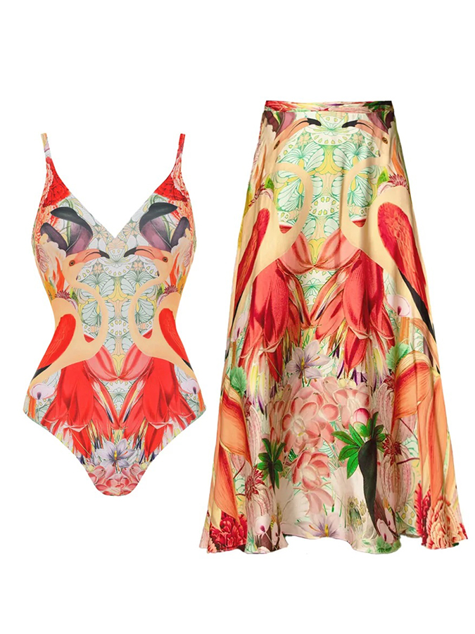 Flamingo Print One Piece Swimsuit and Skirt