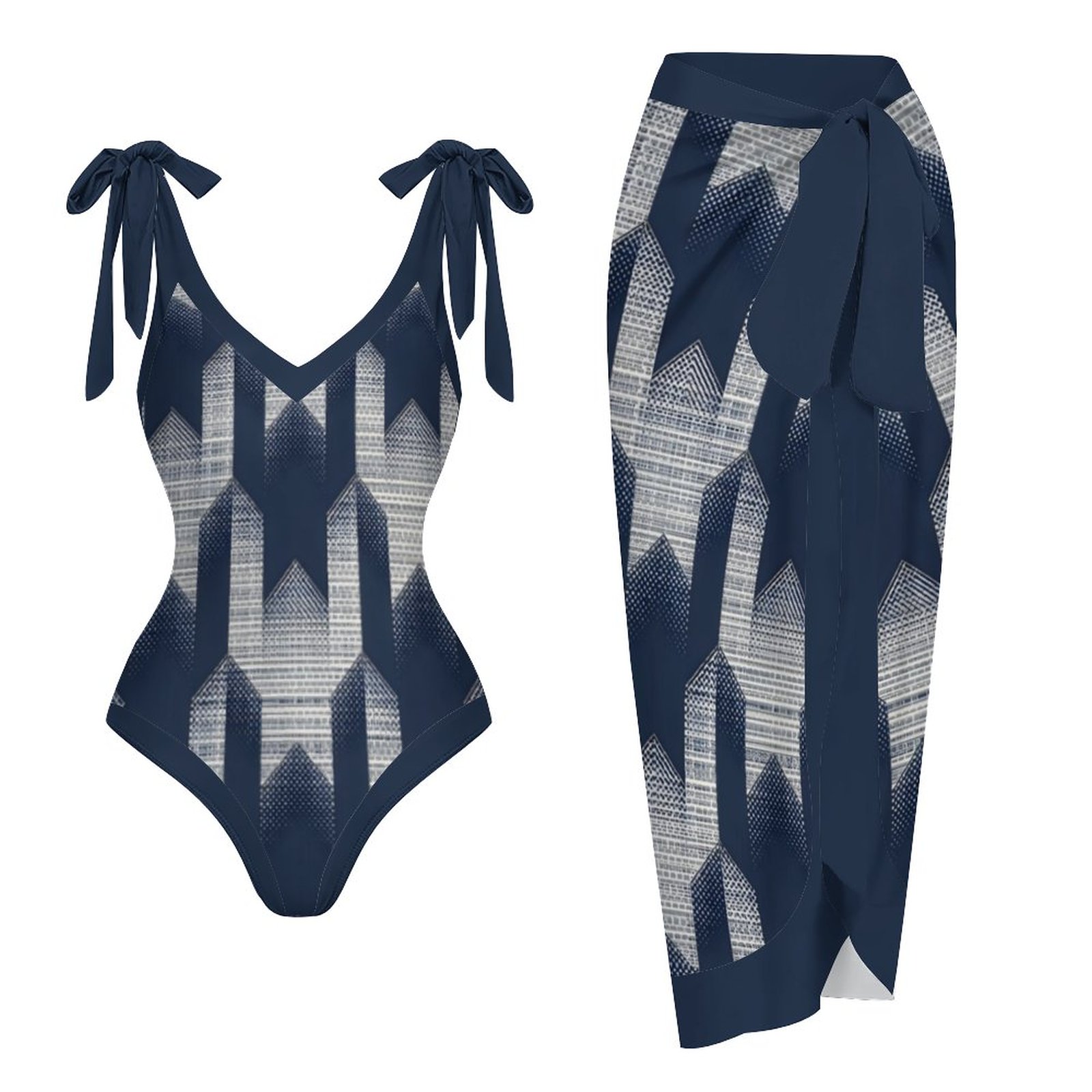 Geometric Printed V-Neck One Piece Swimsuit And Cover Up