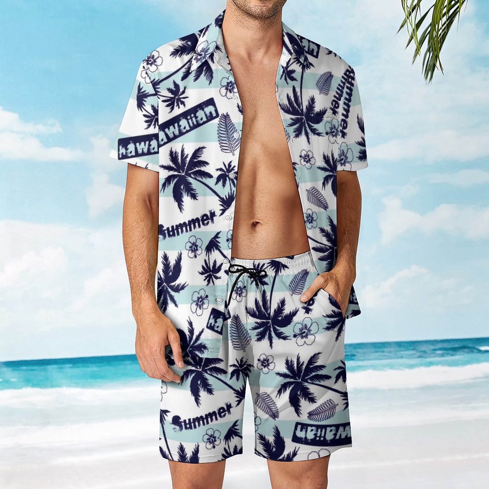 Men's Hawaiian Print Beach Two-Piece Suit 2304102648