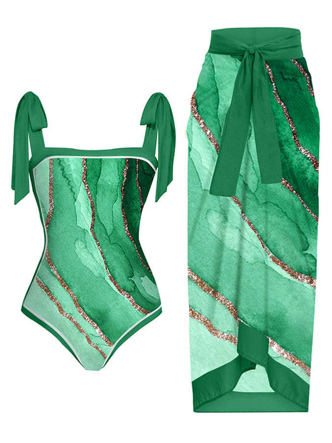 Vintage Fashion Colorblock Print One Piece Swimsuit Set