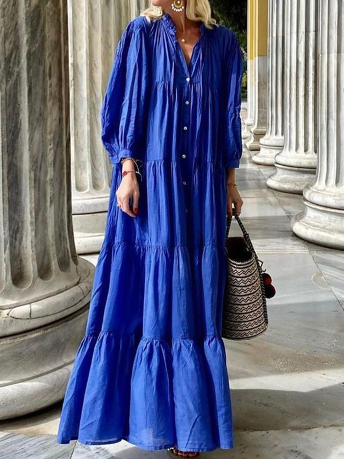 V Neck Long Sleeves Solid Buttoned Maxi Dress