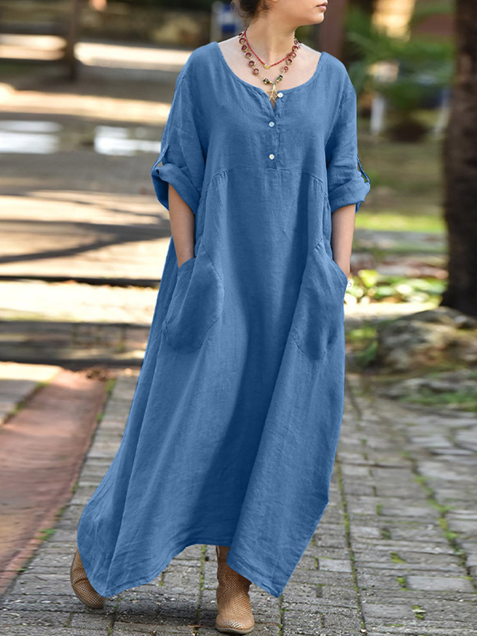 Round Neck 3/4 Sleeves Solid Maxi Dress