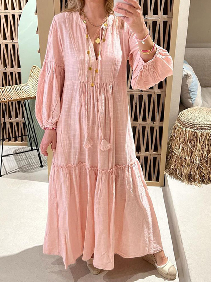 Pink Long Sleeves Solid Casual Loose V Neck Maxi Dress
