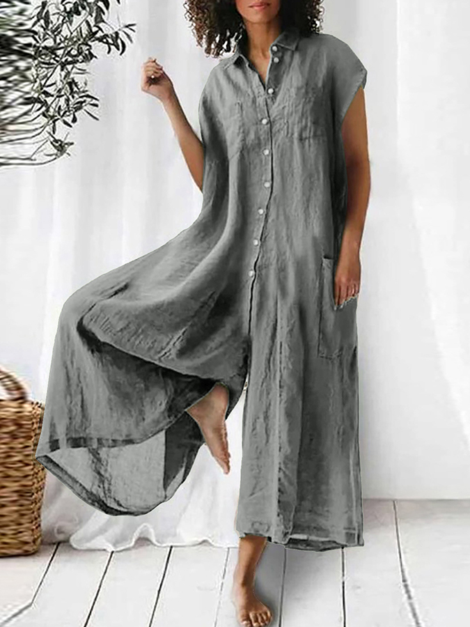 Solid Short Sleeves Wide-leg Pants Jumpsuits