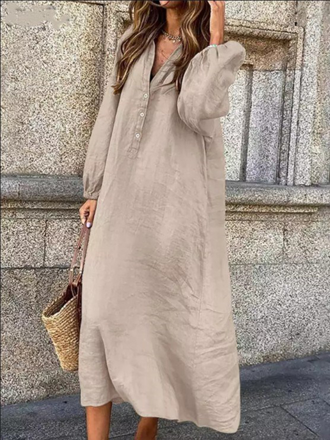 Long Sleeves Solid Buttoned V Neck Maxi Dress
