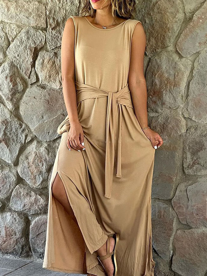 Solid Round Neck Lace-up Slit Maxi Dress
