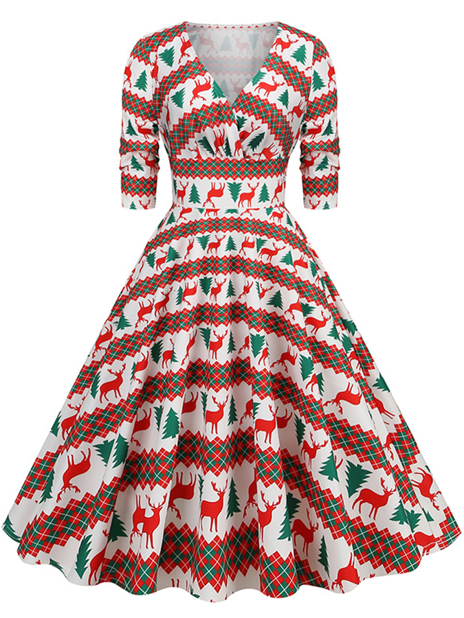 Christmas Tree Print Vintage V Neck A Line Party Dress