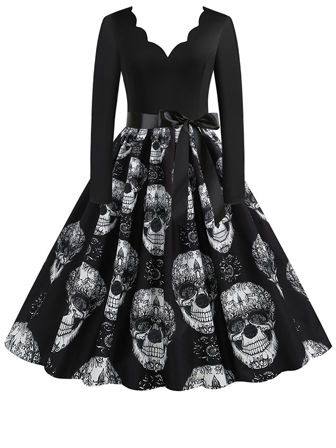 Halloween Long Sleeves Printed V Neck Dress