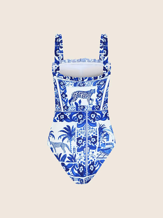 Blue Plam Printed One Piece and Cover-up