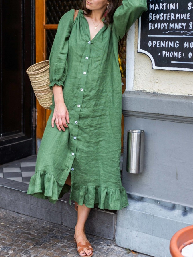 Solid Long Sleeves Buttoned Cotton-linen Maxi Dress