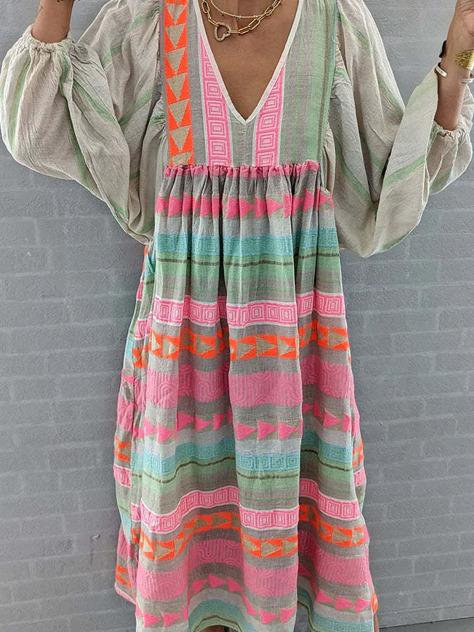 Puff Long Sleeves V Neck Colorful Maxi Dress