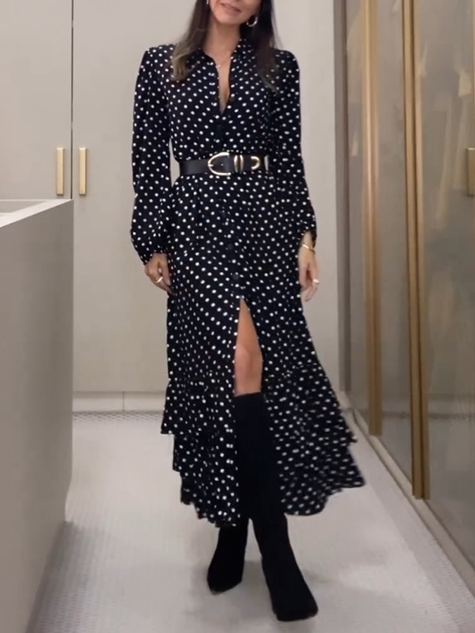 Black Polka Dots Printed Long Sleeves Cake Maxi Dress