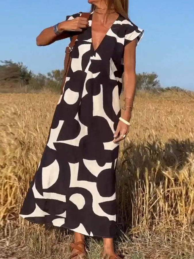 V Neck Short Sleeves Geometric Printed Maxi Dress