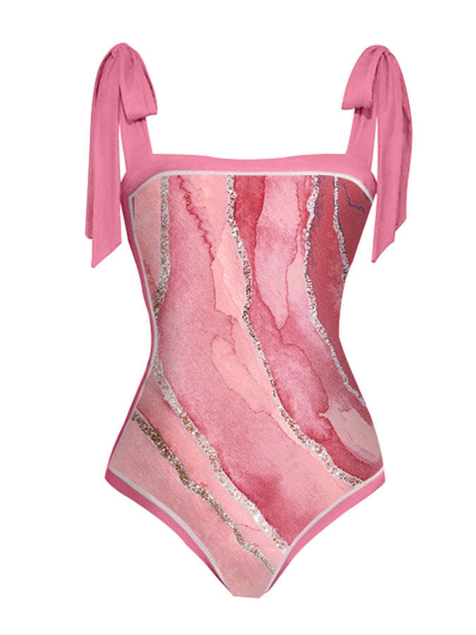 Vintage Fashion Colorblock Print One Piece Swimsuit Set