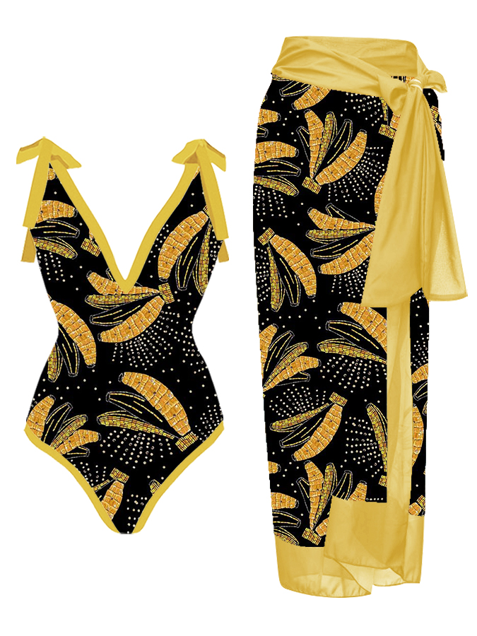 Abstract Glowing Banana Print Swimsuit