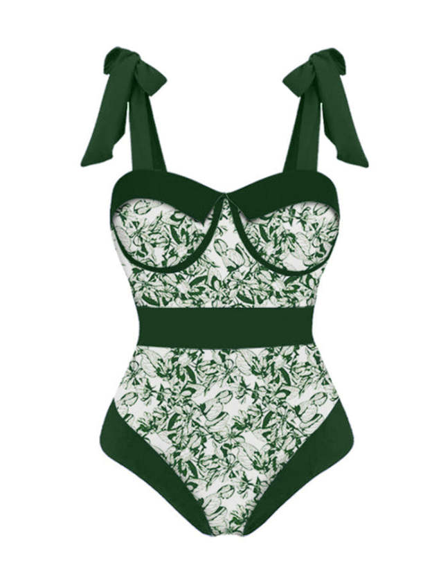 Vintage Colorblock Print Swimsuit Set