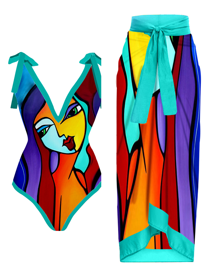 Fashion Colorblock Abstract Print One-Piece Swimsuit Set