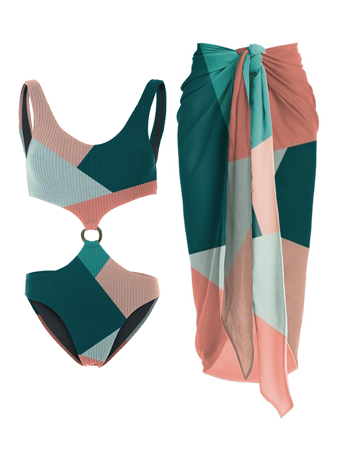 Color Block One-Piece Swimsuit And Cover Up