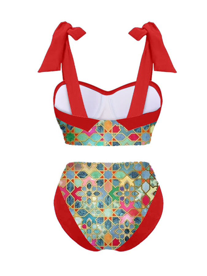 Vintage Colorblock Ethnic Print Swimsuit Set