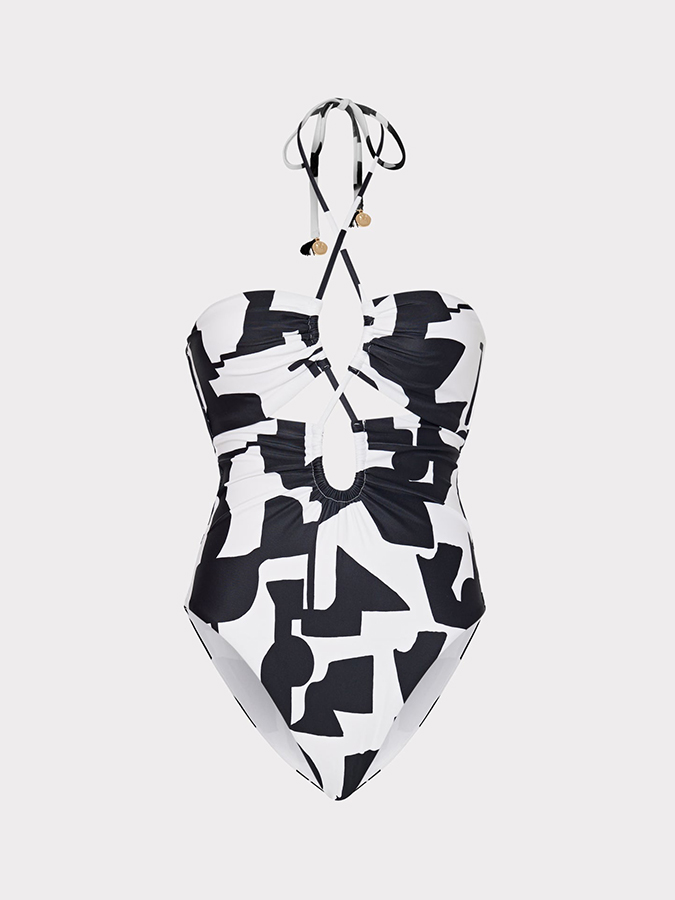 Black Irregular Print Lace-Up One-Piece Swimsuit